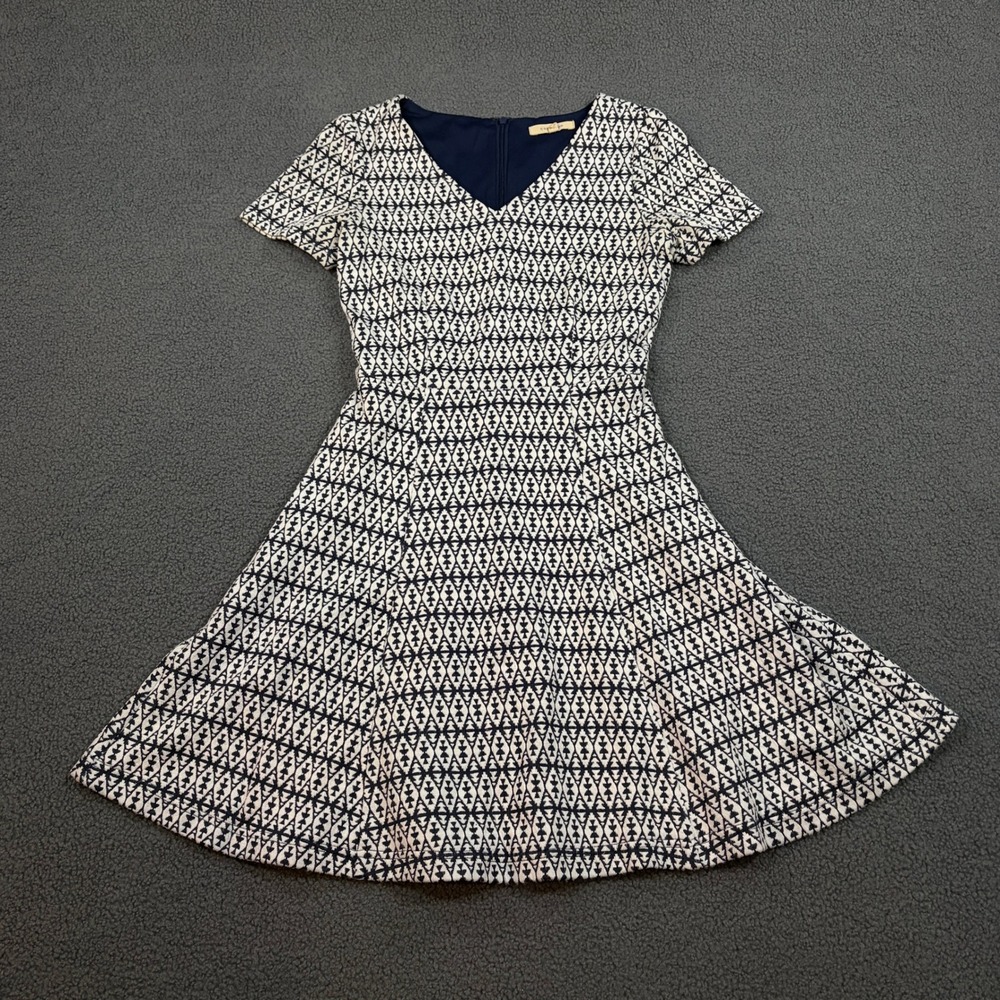 41 Hawthorn Dress Womens XS Navy Blue White Geometric Fit Flare Short Sleeve